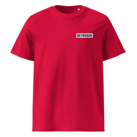 Betrüger anarcho late night organic cotton t-shirt in Red, front view: a small black box logo reading Betrueger on the left chest.