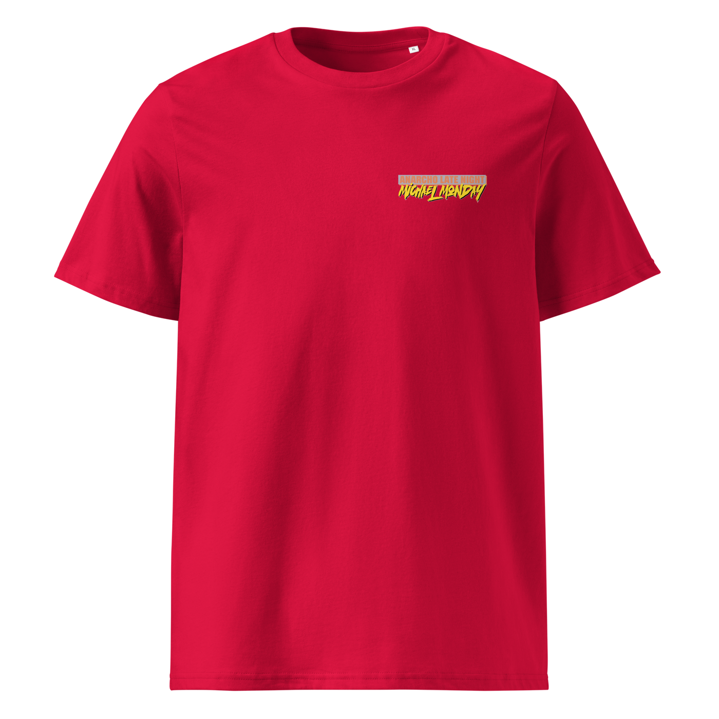 Michael Monday anarcho late night organic cotton t-shirt in Red, front view: small Michael Monday brush lettering on the left chest.