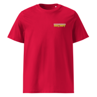 Michael Monday anarcho late night organic cotton t-shirt in Red, front view: small Michael Monday brush lettering on the left chest.