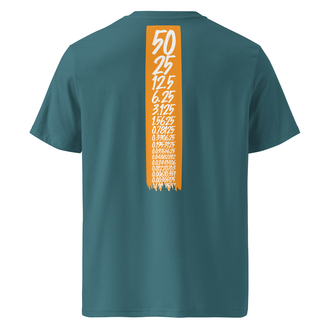 Bitcoin Halving organic cotton bitcoin t-shirt in Stargazer, back view: an orange banner listing the halving block rewards from 50 down to 0.00190735.