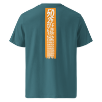 Bitcoin Halving organic cotton bitcoin t-shirt in Stargazer, back view: an orange banner listing the halving block rewards from 50 down to 0.00190735.