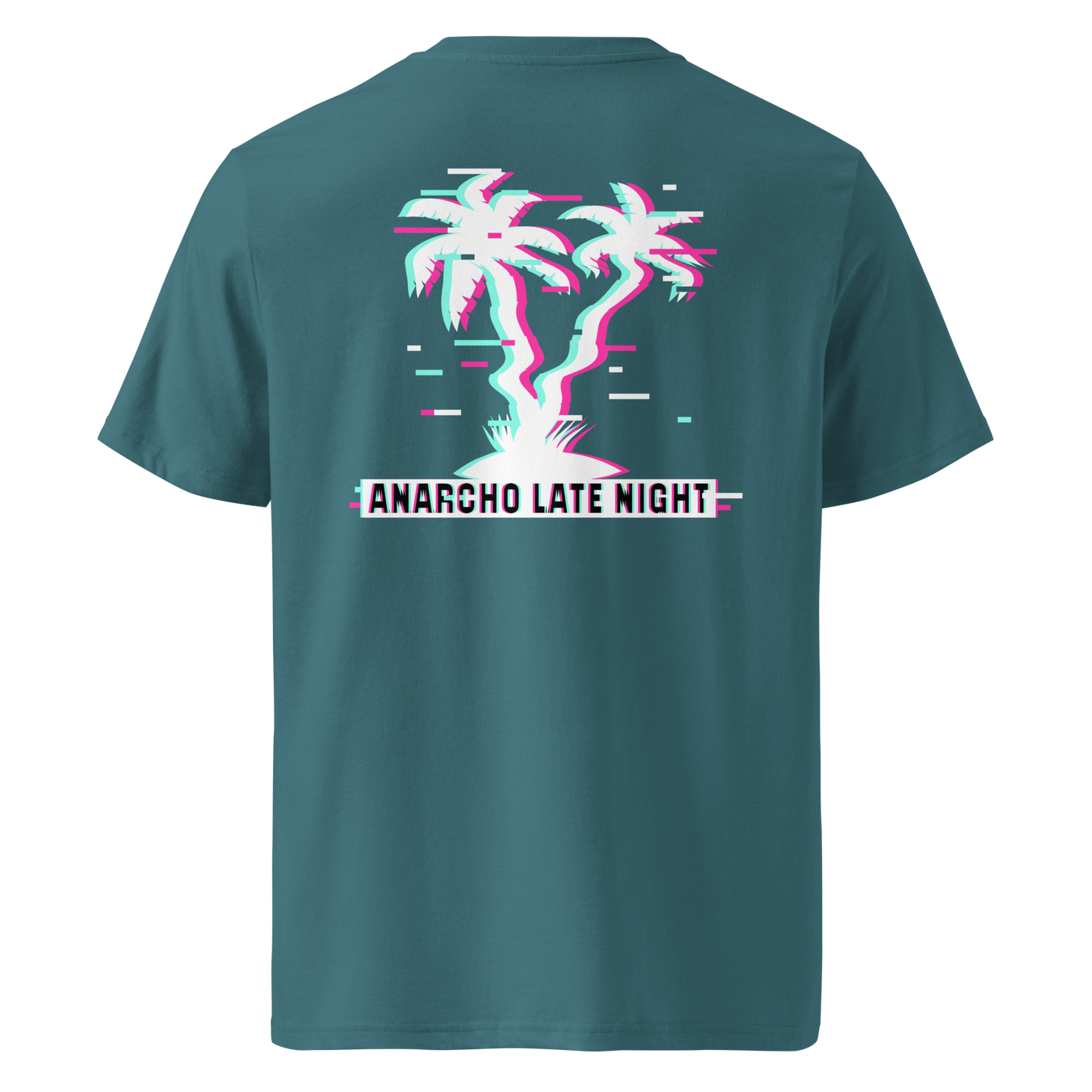 Betrüger anarcho late night organic cotton t-shirt in Stargazer, back view: neon glitch palm trees above a banner reading Anarcho Late Night.