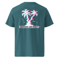 Betrüger anarcho late night organic cotton t-shirt in Stargazer, back view: neon glitch palm trees above a banner reading Anarcho Late Night.