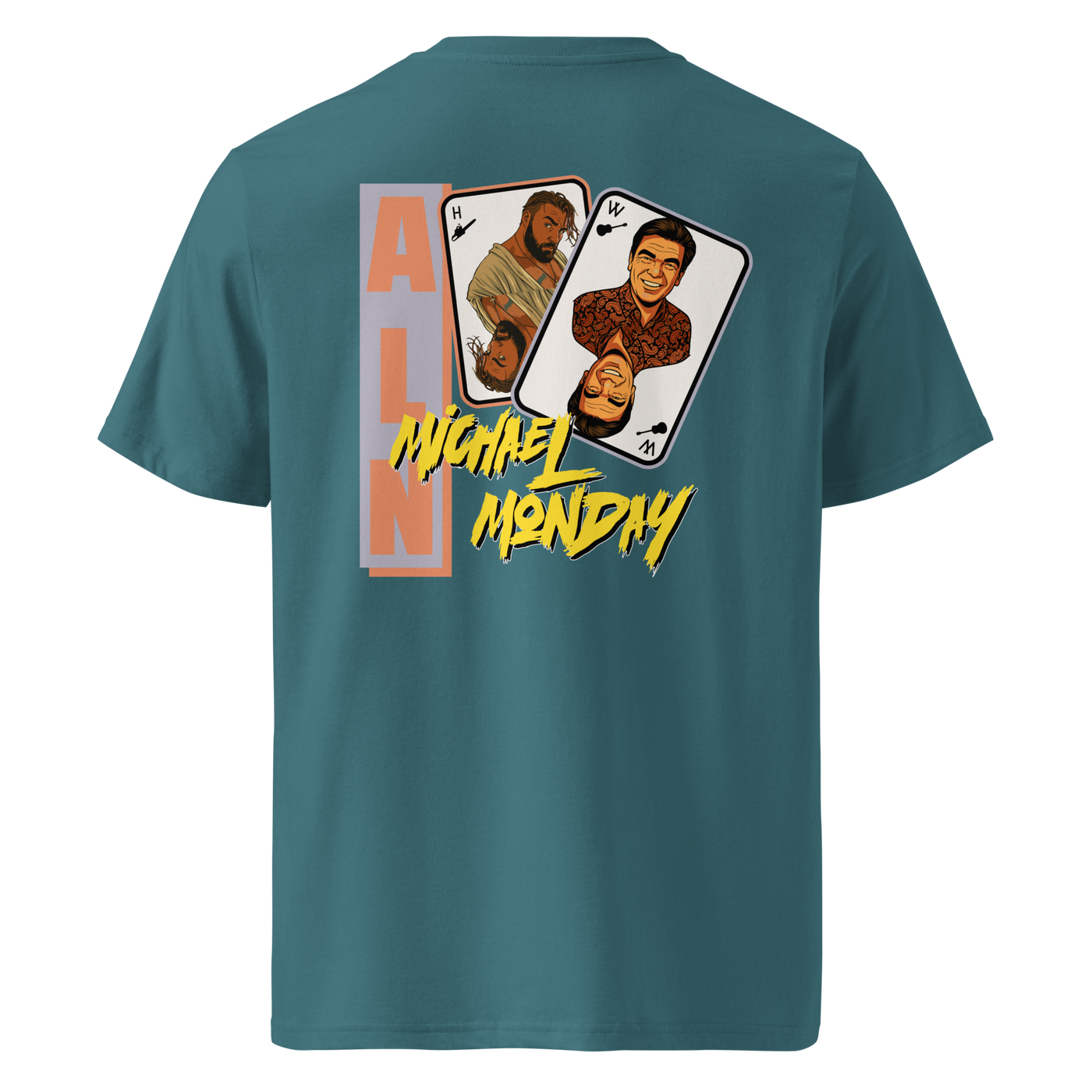 Michael Monday anarcho late night organic cotton t-shirt in Stargazer, back view: two playing cards with illustrated portraits next to Michael Monday in yellow brush lettering.