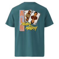 Michael Monday anarcho late night organic cotton t-shirt in Stargazer, back view: two playing cards with illustrated portraits next to Michael Monday in yellow brush lettering.