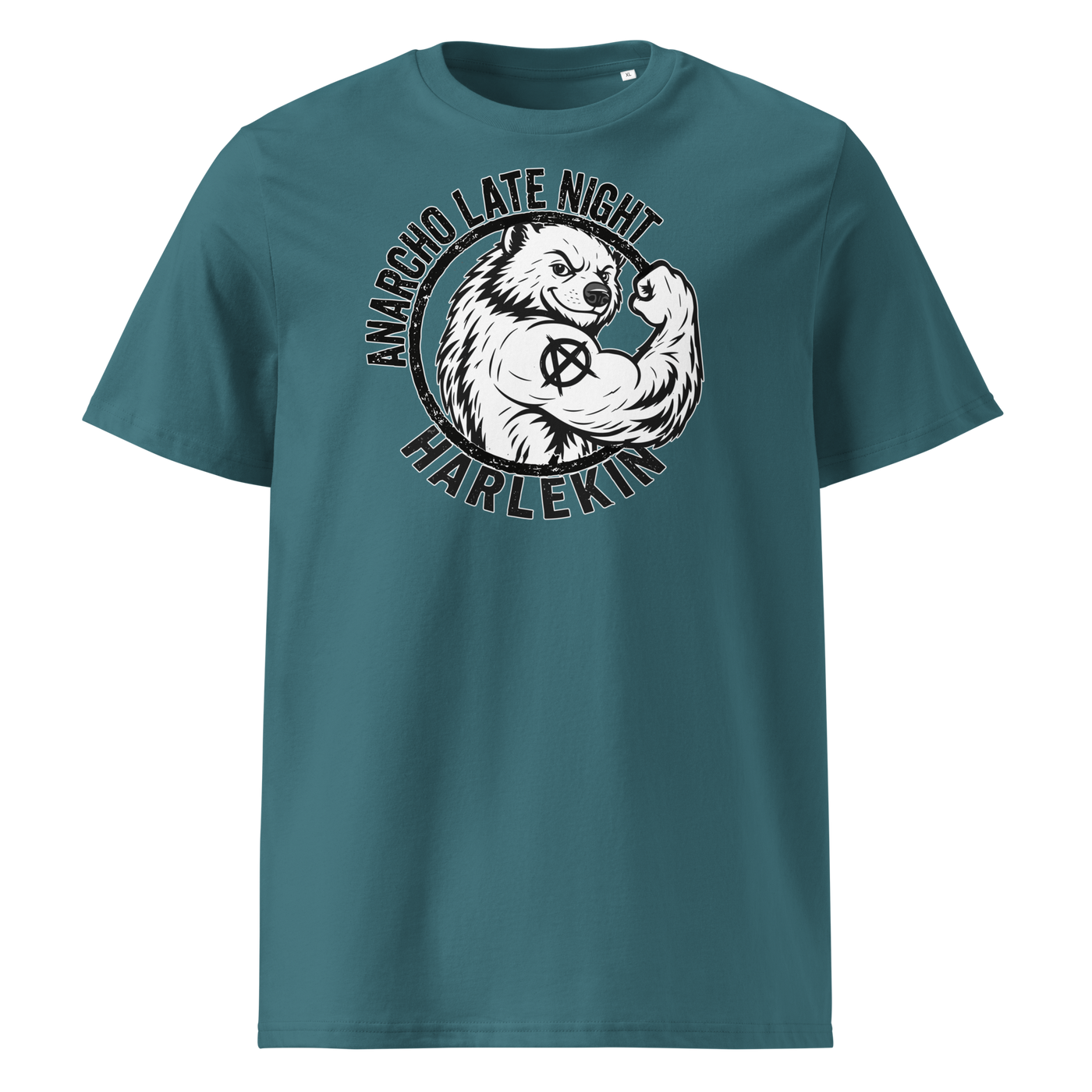 Anarcho Late Night organic cotton t-shirt in Stargazer, front view: a round black emblem of a flexing badger reading Anarcho Late Night Harlekin.