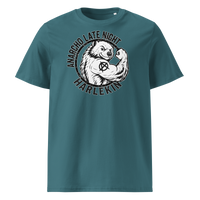 Anarcho Late Night organic cotton t-shirt in Stargazer, front view: a round black emblem of a flexing badger reading Anarcho Late Night Harlekin.