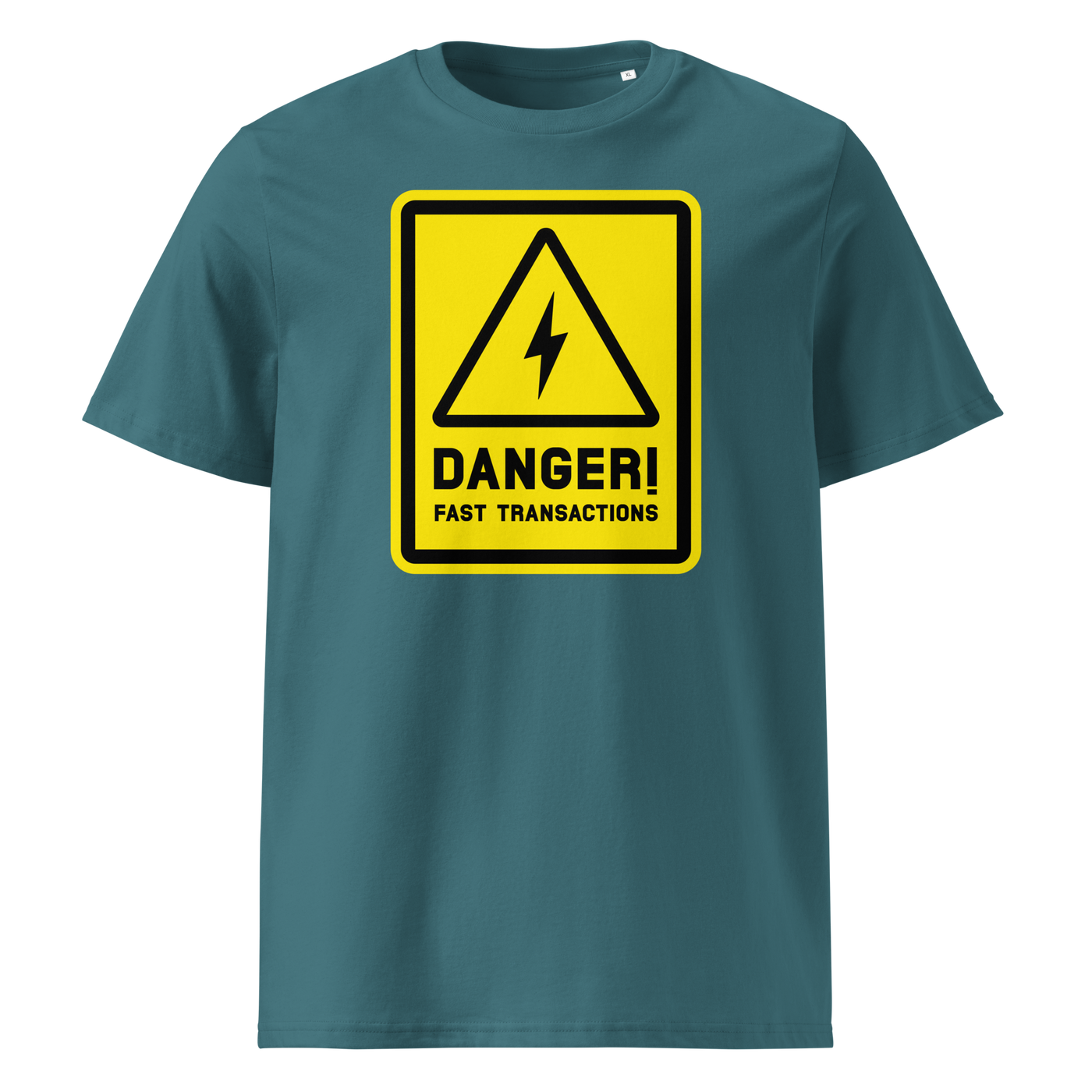 Lightning - Danger! Fast Transactions organic cotton bitcoin t-shirt in Stargazer, front view: a yellow warning sign with a lightning bolt reading Danger! Fast Transactions.