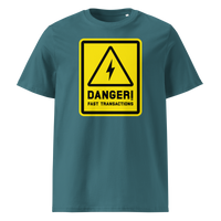 Lightning - Danger! Fast Transactions organic cotton bitcoin t-shirt in Stargazer, front view: a yellow warning sign with a lightning bolt reading Danger! Fast Transactions.