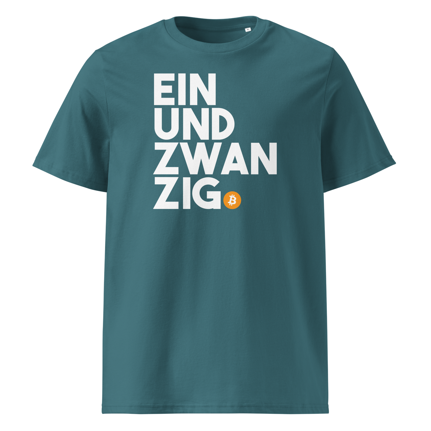 Einundzwanzig organic cotton bitcoin t-shirt in Stargazer, front view: Einundzwanzig stacked in black block letters with an orange bitcoin coin.
