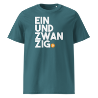 Einundzwanzig organic cotton bitcoin t-shirt in Stargazer, front view: Einundzwanzig stacked in black block letters with an orange bitcoin coin.