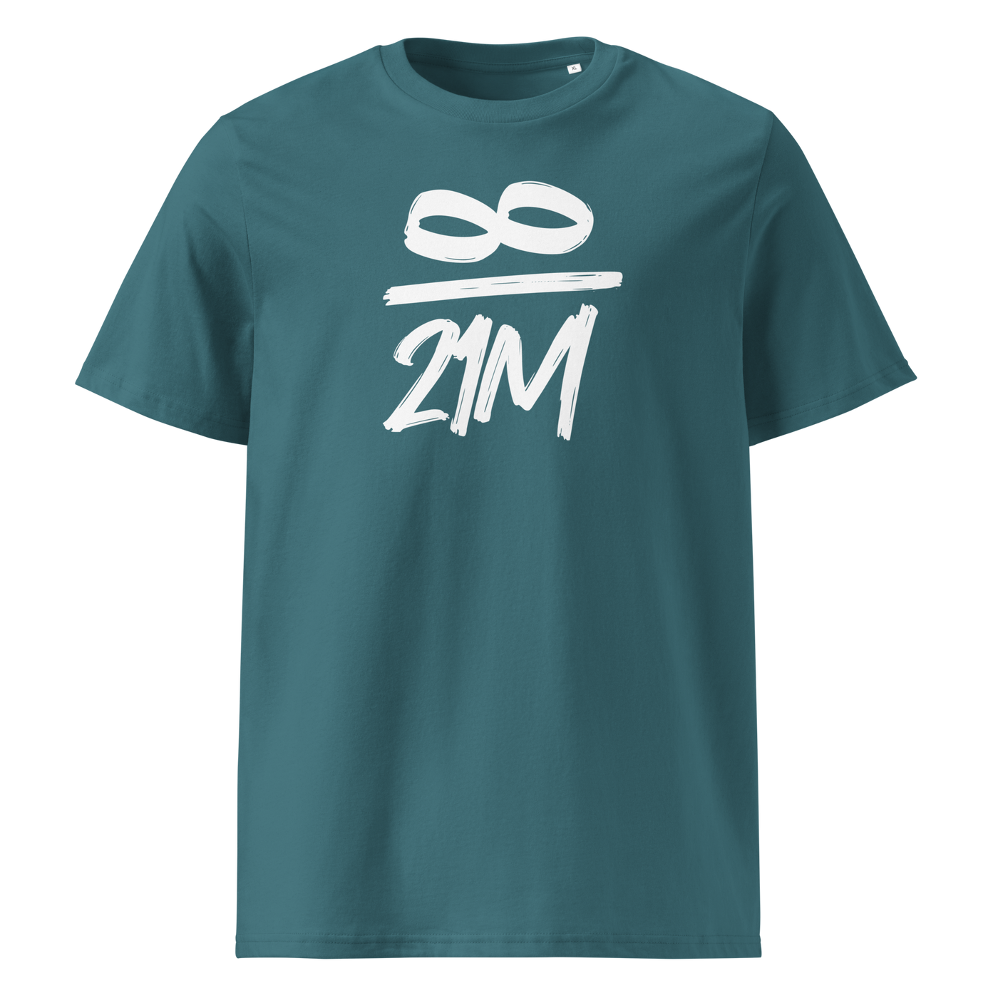 Infinity / 21 Million organic cotton bitcoin t-shirt in Stargazer, front view: an infinity symbol over 21M in black brush lettering.