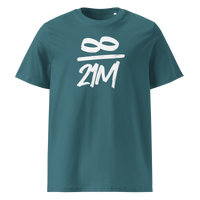 Infinity / 21 Million organic cotton bitcoin t-shirt in Stargazer, front view: an infinity symbol over 21M in black brush lettering.