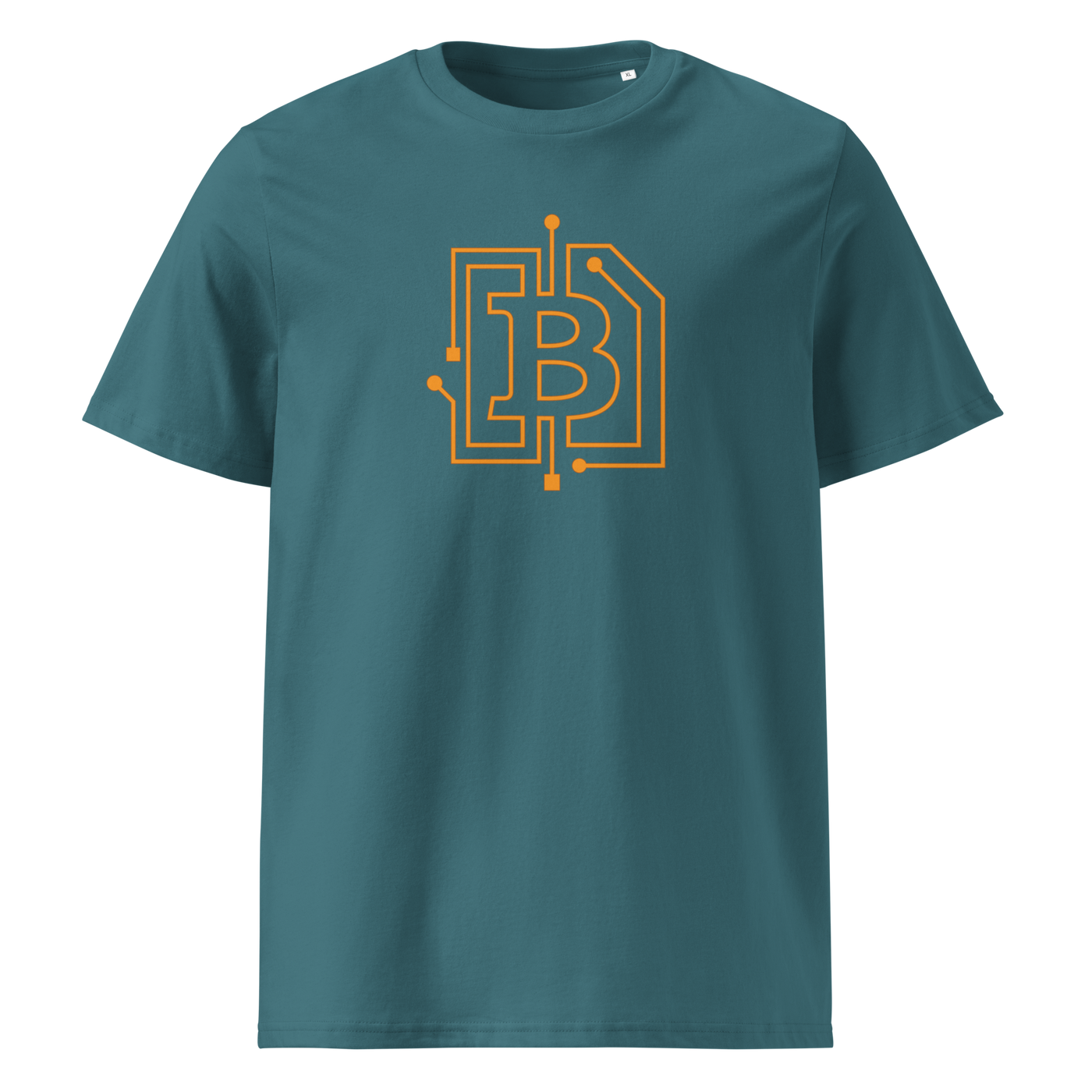 Circuit Board organic cotton bitcoin t-shirt in Stargazer, front view: an orange bitcoin B drawn as circuit board traces.