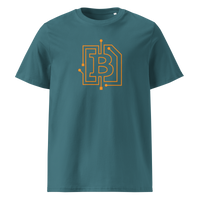Circuit Board organic cotton bitcoin t-shirt in Stargazer, front view: an orange bitcoin B drawn as circuit board traces.
