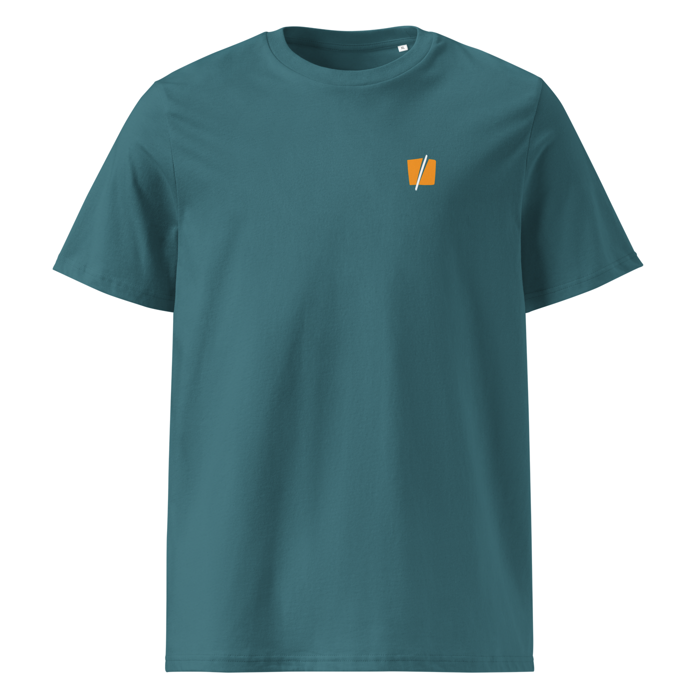 Bitcoin Halving organic cotton bitcoin t-shirt in Stargazer, front view: a small halved orange bitcoin symbol on the left chest.