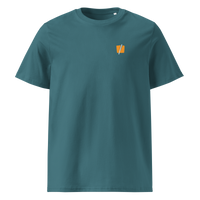 Bitcoin Halving organic cotton bitcoin t-shirt in Stargazer, front view: a small halved orange bitcoin symbol on the left chest.