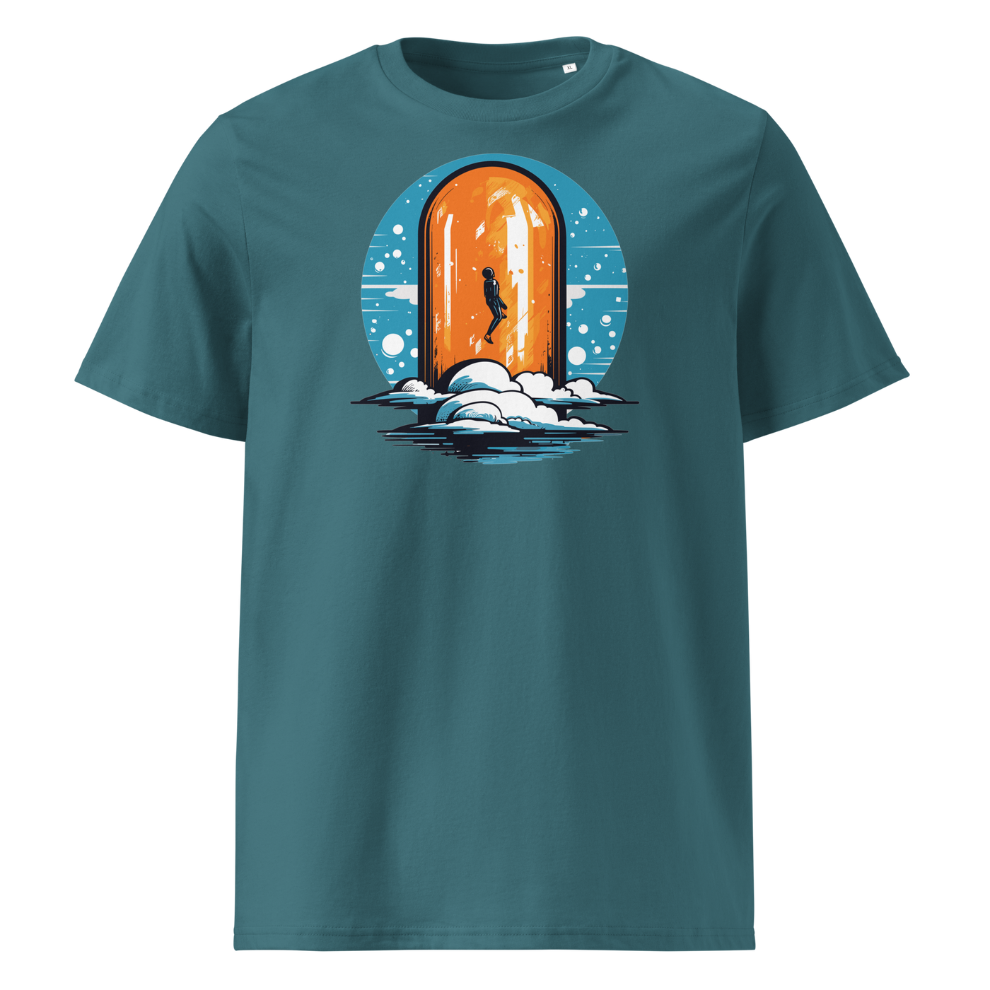 Orange Pill organic cotton bitcoin t-shirt in Stargazer, front view: a silhouette stepping through an orange pill shaped doorway above the clouds.