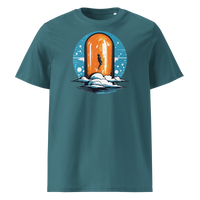 Orange Pill organic cotton bitcoin t-shirt in Stargazer, front view: a silhouette stepping through an orange pill shaped doorway above the clouds.
