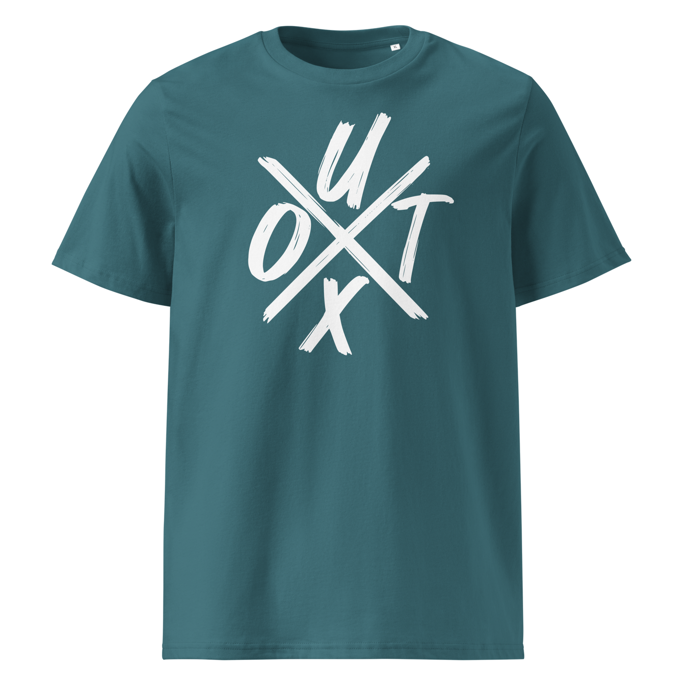UTXO Management organic cotton bitcoin t-shirt in Stargazer, front view: the letters UTXO arranged around a brushed cross.