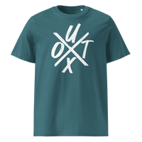UTXO Management organic cotton bitcoin t-shirt in Stargazer, front view: the letters UTXO arranged around a brushed cross.