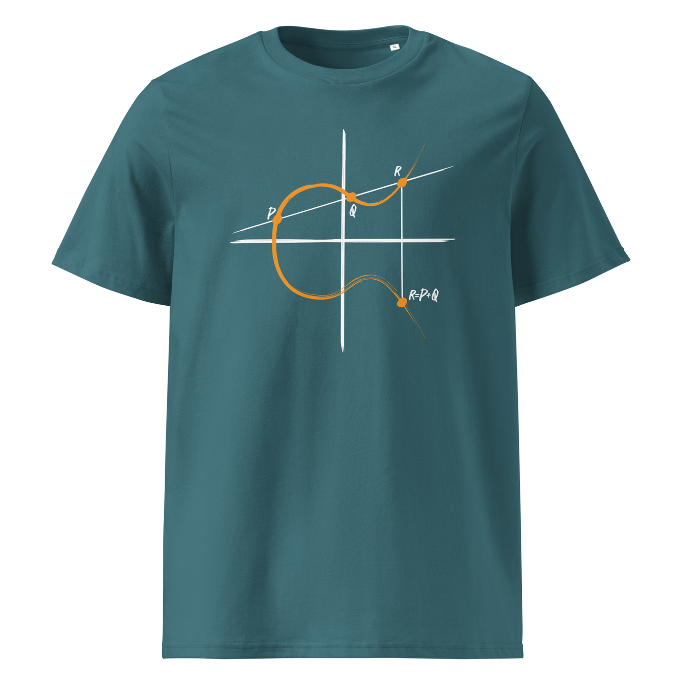 Elliptic Curve Cryptography organic cotton bitcoin t-shirt in Stargazer, front view: a line drawing of an elliptic curve with the points P, Q and R.