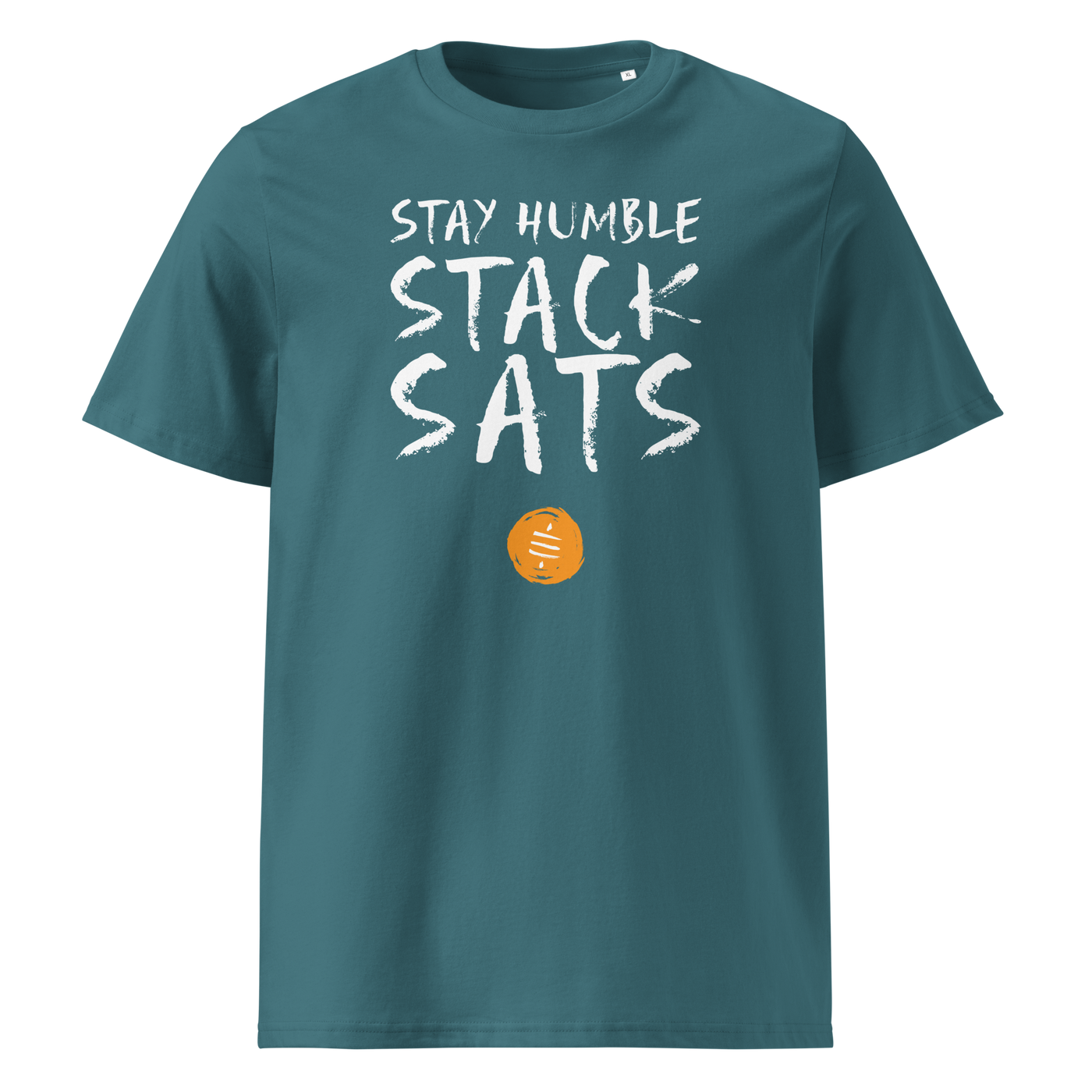 Stay Humble Stack Sats organic cotton bitcoin t-shirt in Stargazer, front view: Stay Humble Stack Sats in black lettering above an orange sats coin.