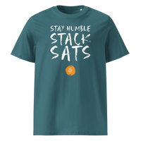 Stay Humble Stack Sats organic cotton bitcoin t-shirt in Stargazer, front view: Stay Humble Stack Sats in black lettering above an orange sats coin.
