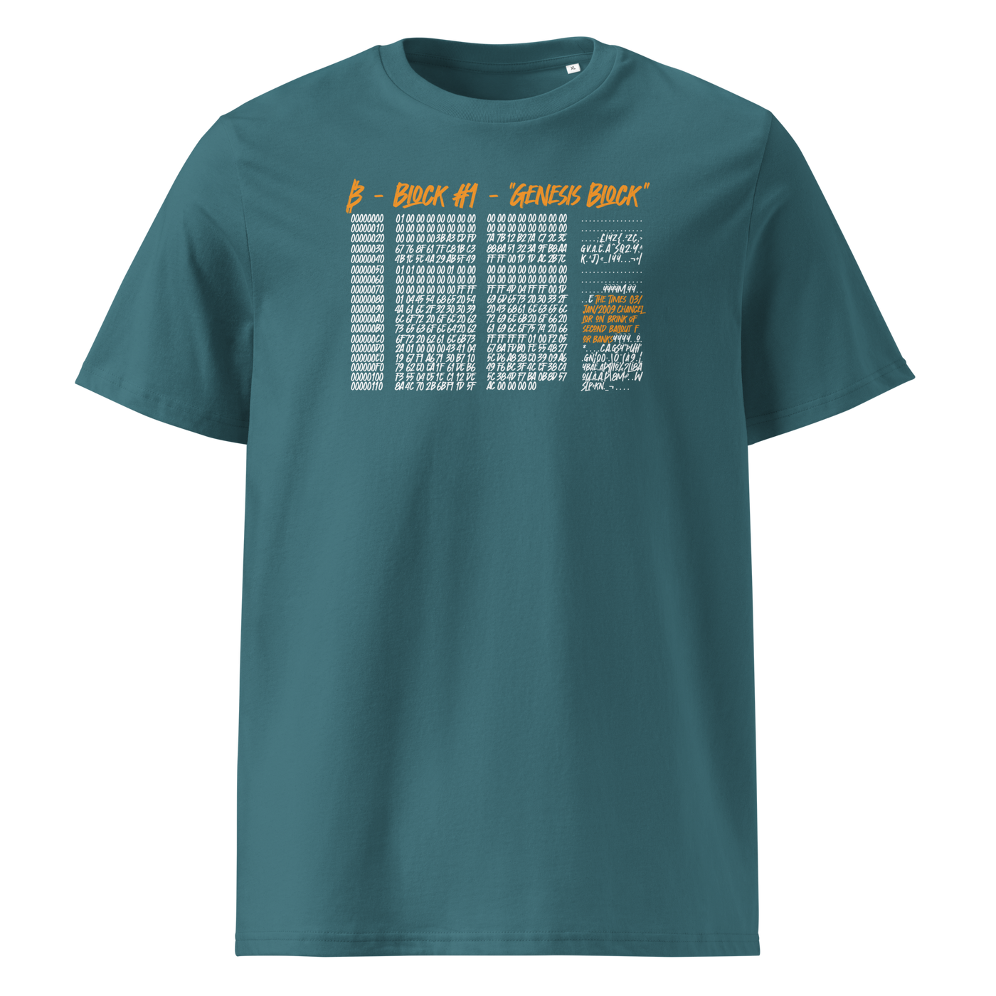 Genesis Block organic cotton bitcoin t-shirt in Stargazer, front view: the raw data of Bitcoin's genesis block in grey and orange.