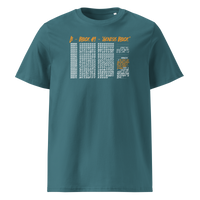 Genesis Block organic cotton bitcoin t-shirt in Stargazer, front view: the raw data of Bitcoin's genesis block in grey and orange.