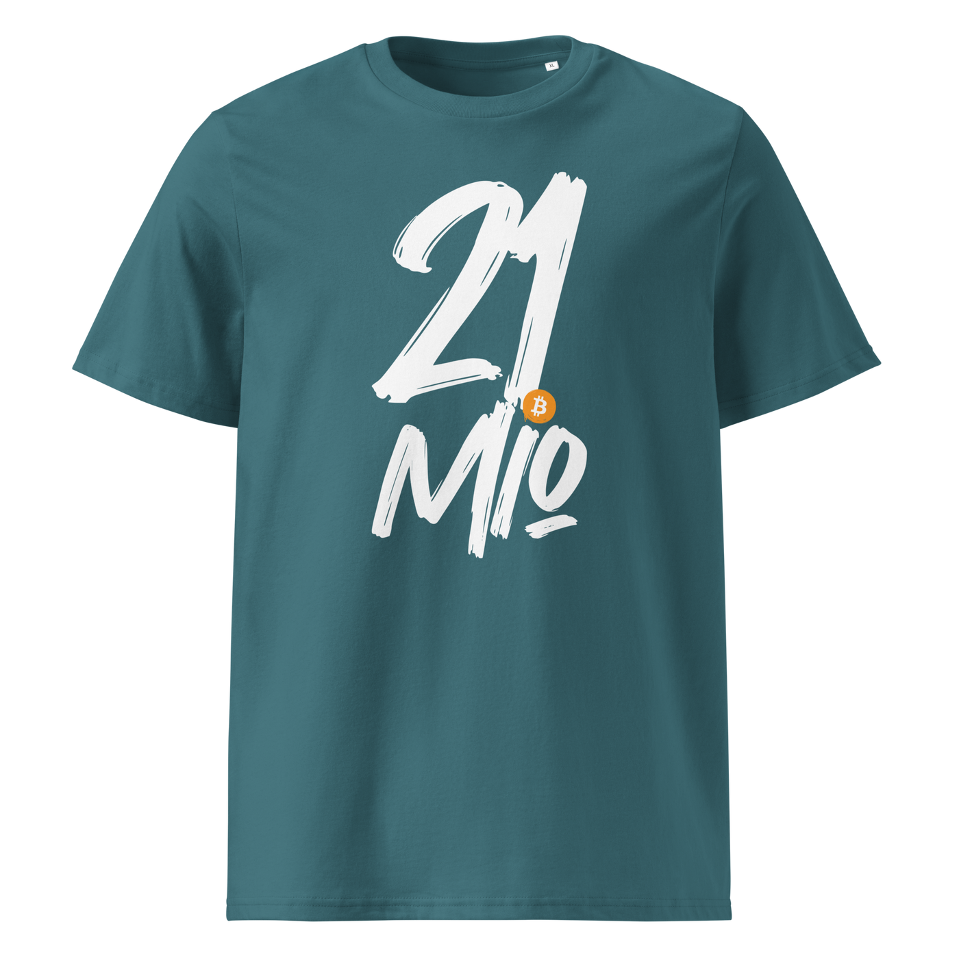 21 Million organic cotton bitcoin t-shirt in Stargazer, front view: 21 Mio. in black brush lettering with an orange bitcoin coin.