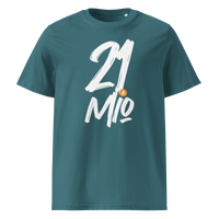 21 Million organic cotton bitcoin t-shirt in Stargazer, front view: 21 Mio. in black brush lettering with an orange bitcoin coin.