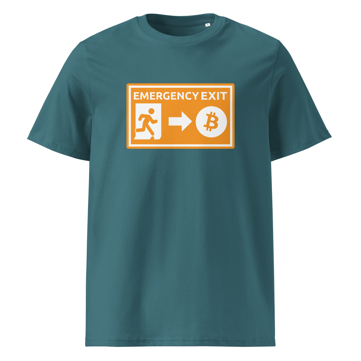 Emergency Exit organic cotton bitcoin t-shirt in Stargazer, front view: an orange emergency exit sign where the running figure heads towards a bitcoin symbol.