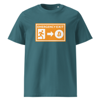 Emergency Exit organic cotton bitcoin t-shirt in Stargazer, front view: an orange emergency exit sign where the running figure heads towards a bitcoin symbol.