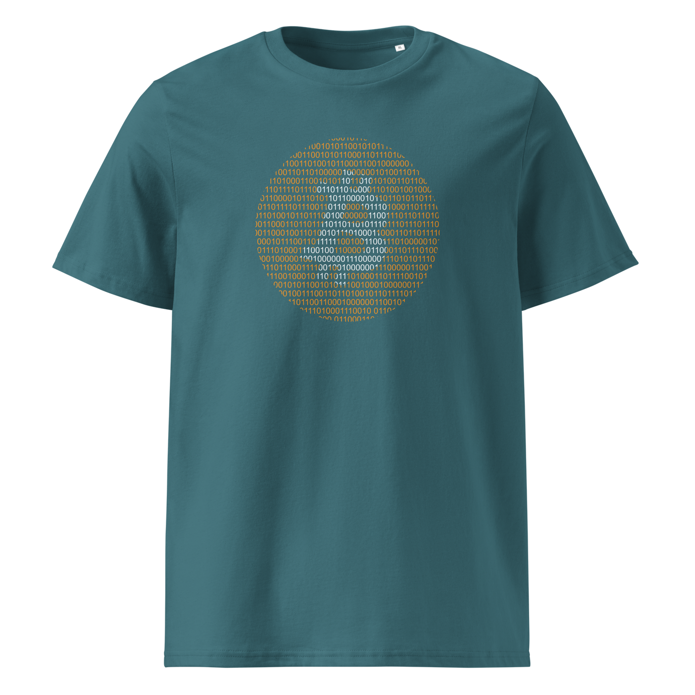 Bitcoin Binary organic cotton bitcoin t-shirt in Stargazer, front view: an orange bitcoin symbol built from binary digits.