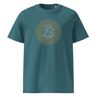 Bitcoin Binary organic cotton bitcoin t-shirt in Stargazer, front view: an orange bitcoin symbol built from binary digits.