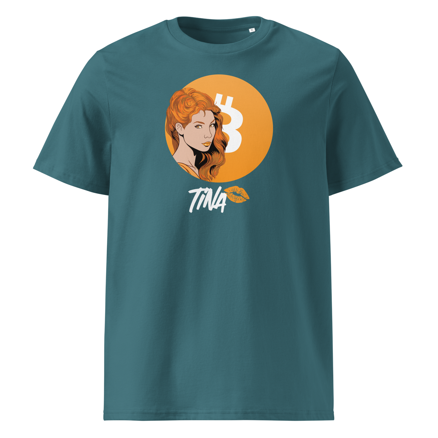 TINA organic cotton bitcoin t-shirt in Stargazer, front view: an illustrated red haired woman in front of an orange bitcoin circle, signed TINA.