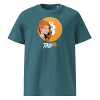 TINA organic cotton bitcoin t-shirt in Stargazer, front view: an illustrated red haired woman in front of an orange bitcoin circle, signed TINA.
