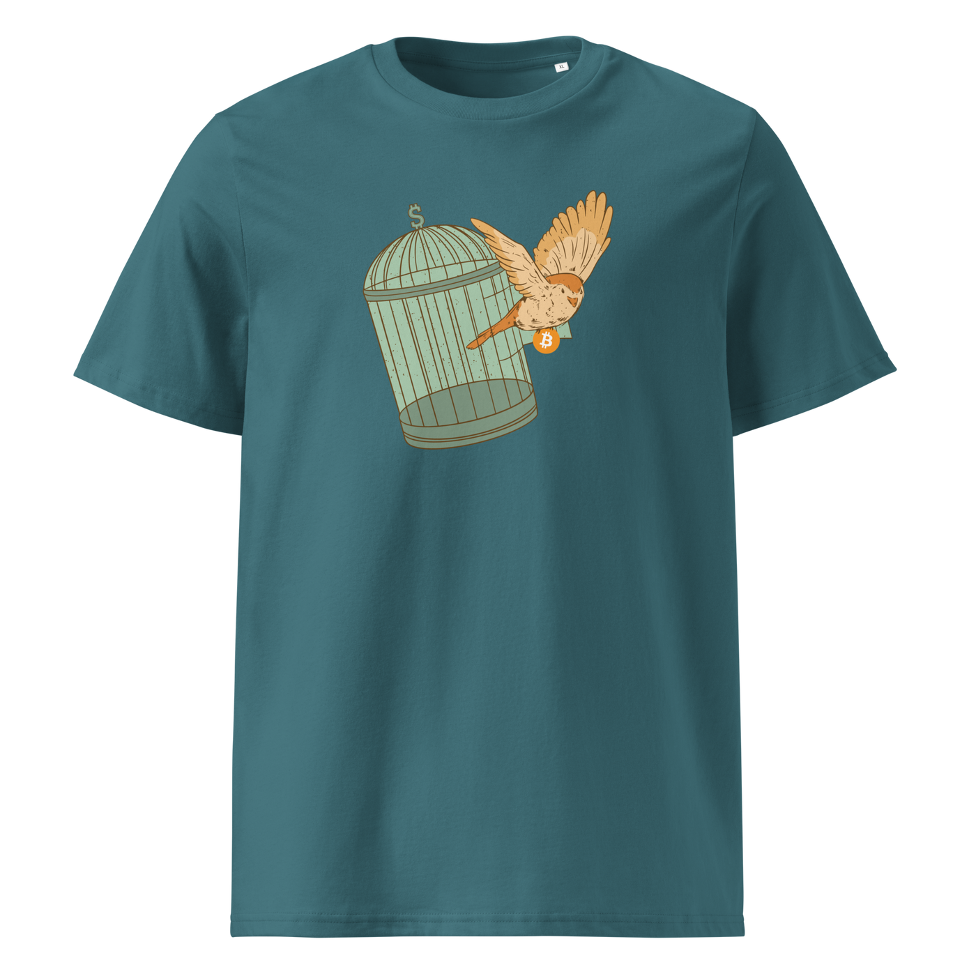 Escape from Fiat Madness organic cotton bitcoin t-shirt in Stargazer, front view: an orange bird escaping from an open green birdcage.