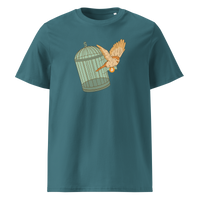 Escape from Fiat Madness organic cotton bitcoin t-shirt in Stargazer, front view: an orange bird escaping from an open green birdcage.