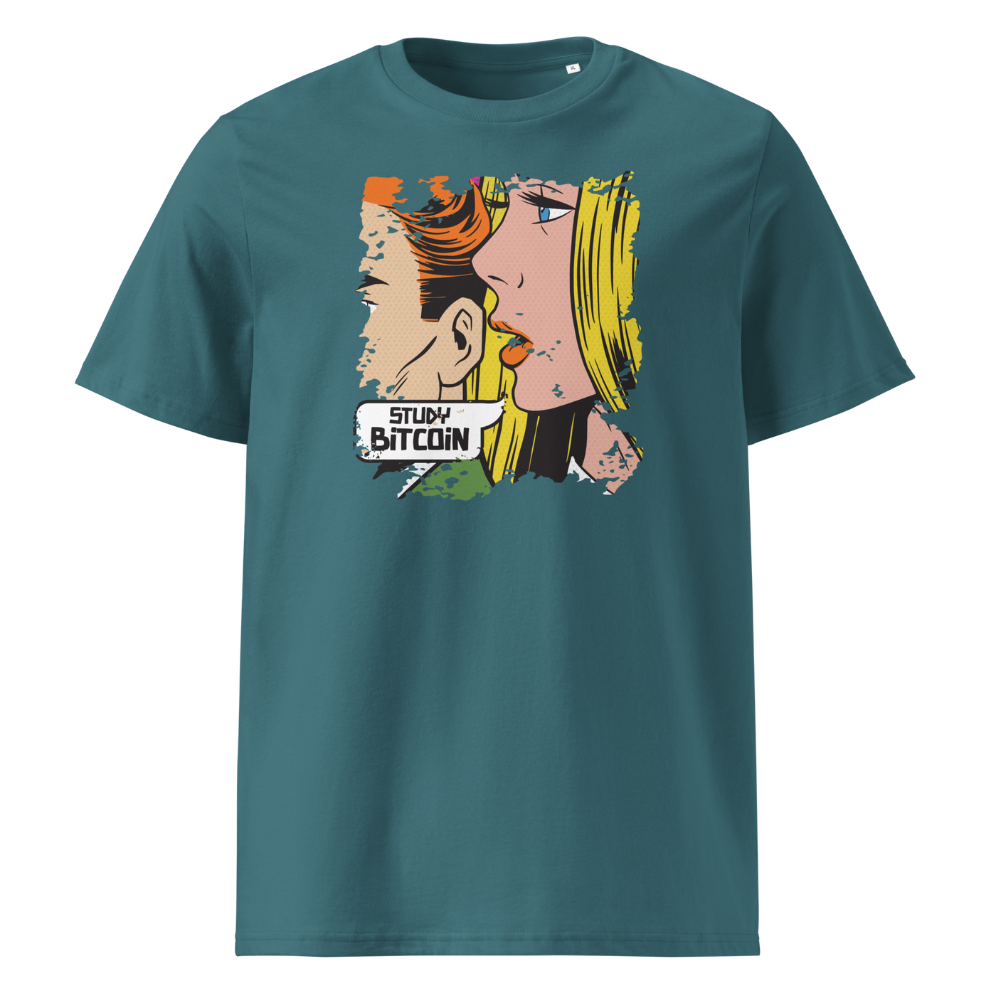 Study Bitcoin organic cotton bitcoin t-shirt in Stargazer, front view: a pop art comic scene of a couple whispering, captioned Study Bitcoin.