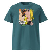 Study Bitcoin organic cotton bitcoin t-shirt in Stargazer, front view: a pop art comic scene of a couple whispering, captioned Study Bitcoin.