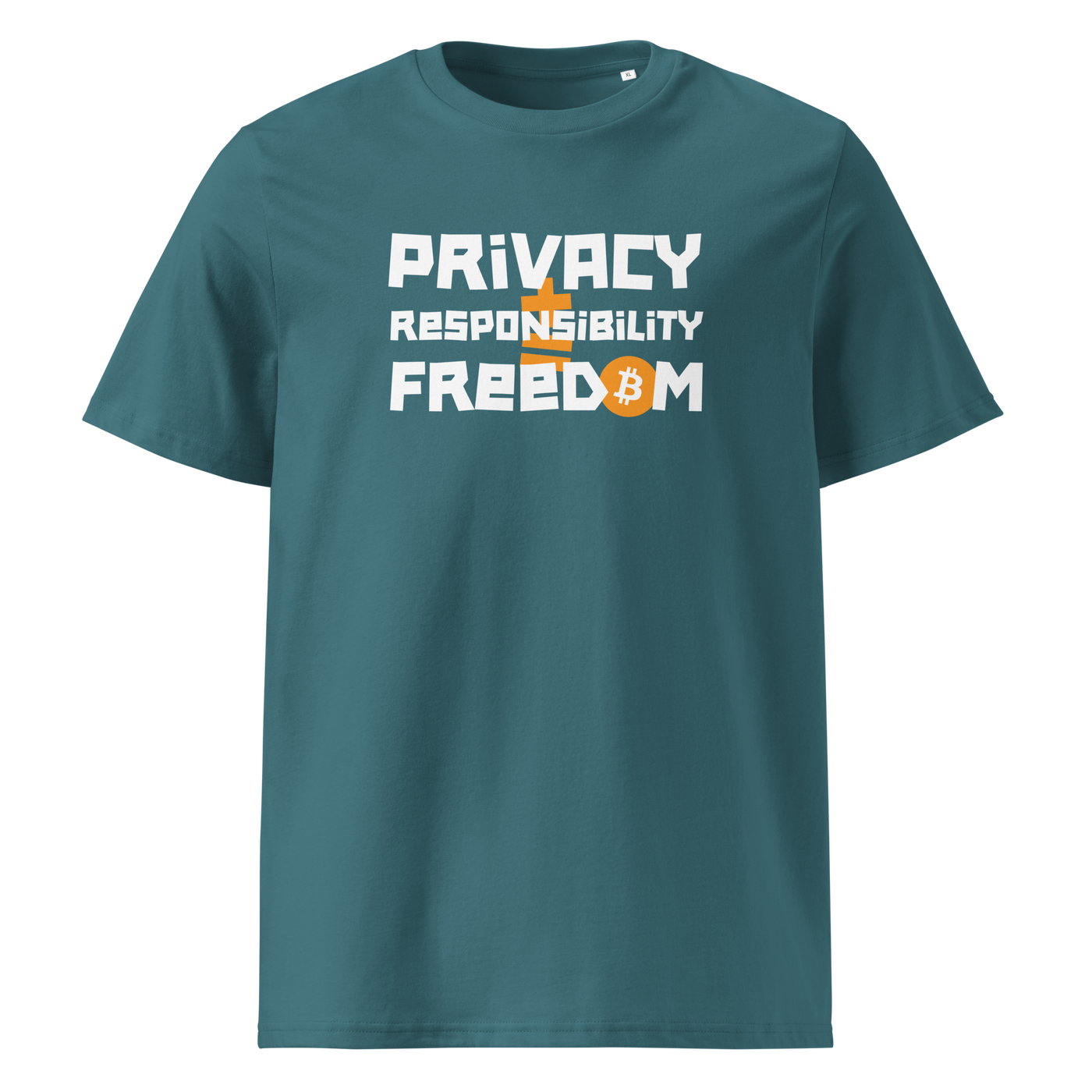 Privacy Responsibility Freedom organic cotton bitcoin t-shirt in Stargazer, front view: Privacy Responsibility Freedom in white stencil letters, the O of Freedom an orange bitcoin coin.