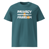 Privacy Responsibility Freedom organic cotton bitcoin t-shirt in Stargazer, front view: Privacy Responsibility Freedom in white stencil letters, the O of Freedom an orange bitcoin coin.