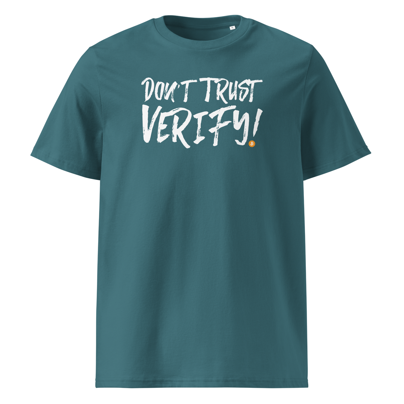 Don't Trust Verify! organic cotton bitcoin t-shirt in Stargazer, front view: Don't Trust Verify! in black brush lettering.