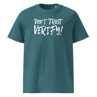 Don't Trust Verify! organic cotton bitcoin t-shirt in Stargazer, front view: Don't Trust Verify! in black brush lettering.
