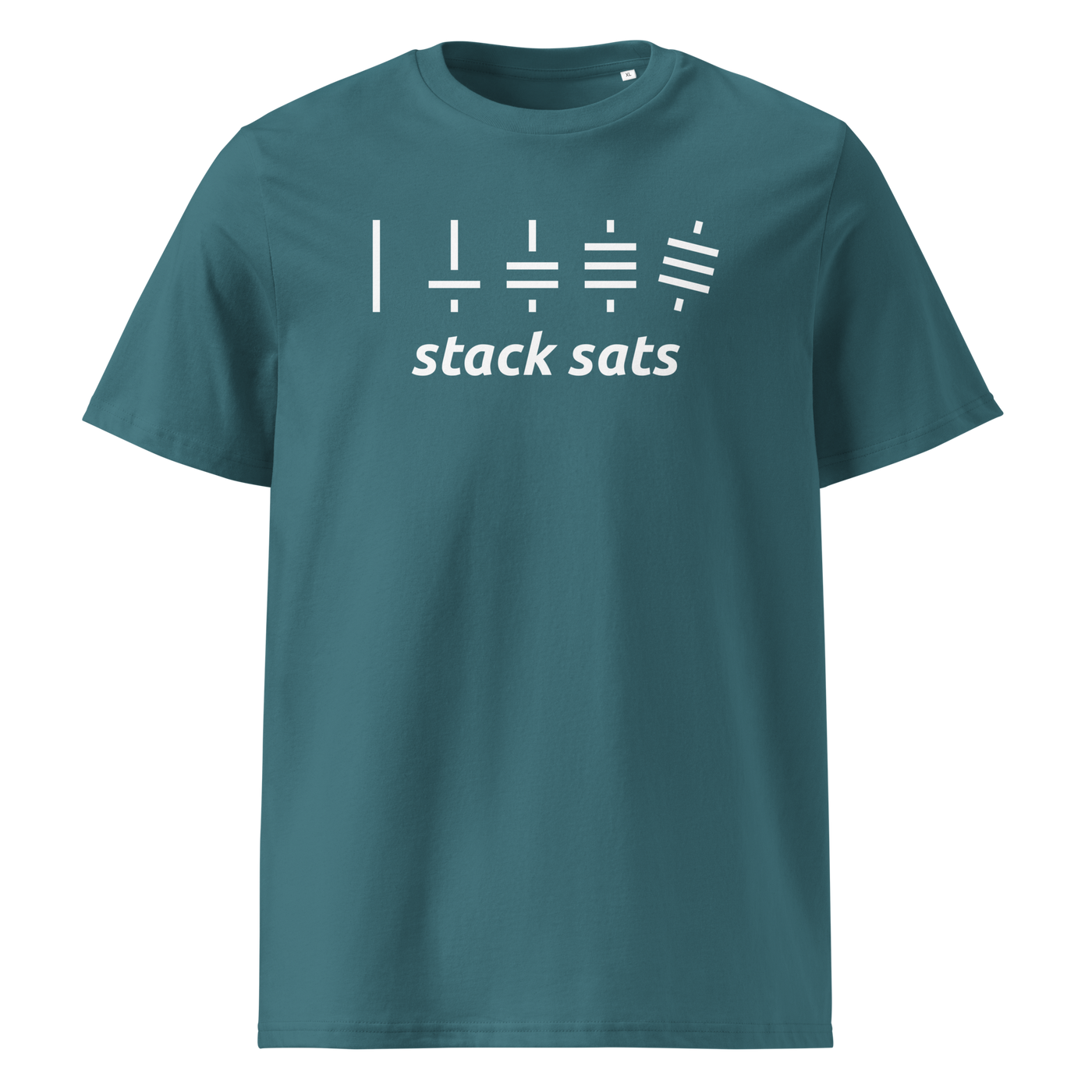 Stack Sats organic cotton bitcoin t-shirt in Stargazer, front view: five rising stacks of lines above the words stack sats.