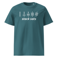 Stack Sats organic cotton bitcoin t-shirt in Stargazer, front view: five rising stacks of lines above the words stack sats.