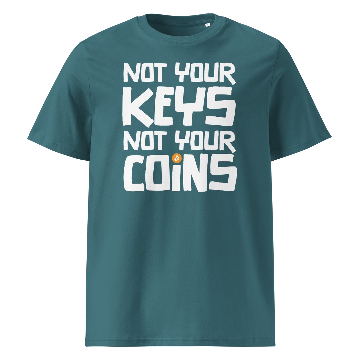 Not your Keys not your Coins organic cotton bitcoin t-shirt in Stargazer, front view: Not your Keys not your Coins in bold black letters with an orange bitcoin dot.