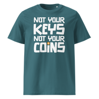 Not your Keys not your Coins organic cotton bitcoin t-shirt in Stargazer, front view: Not your Keys not your Coins in bold black letters with an orange bitcoin dot.